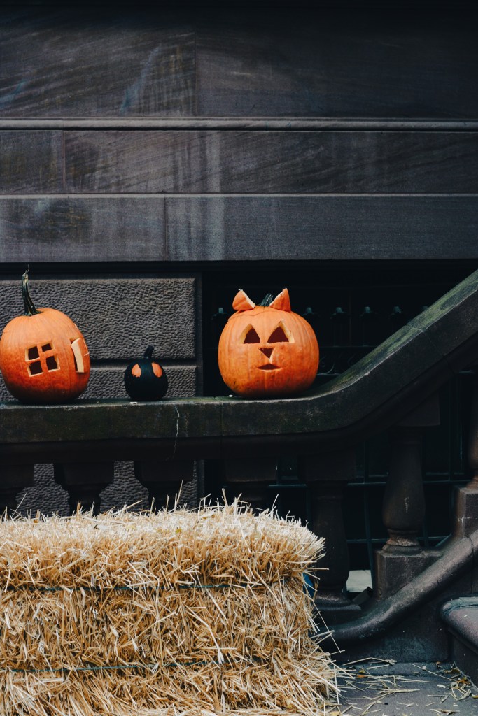 Halloween pumpkin and hay decorations in New York