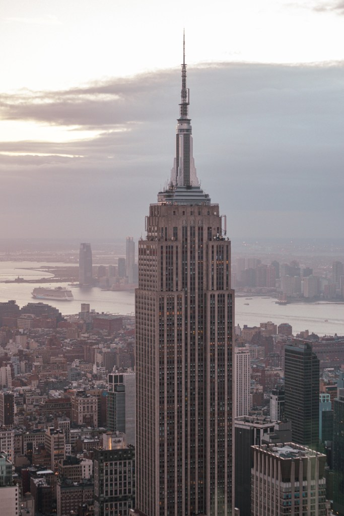 Empire State building at sunset from high viewpoint in New York