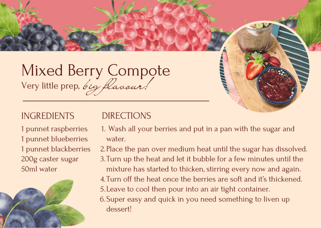 Mixed berry compote recipe with raspberries, blackberries and blueberries.