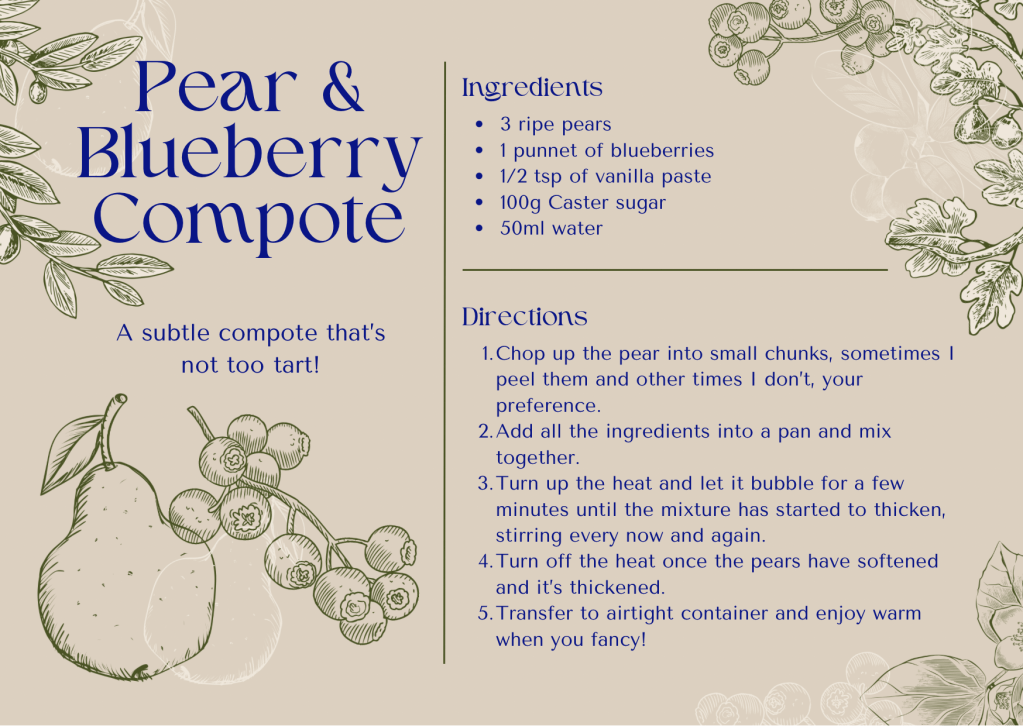 Pear and blueberry compote made with pears, blueberries, vanilla, sugar and water.