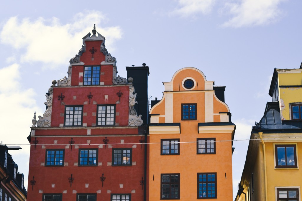 Colourful buildings in Gamla Stan, the old town in Stockholm Sweden in spring
